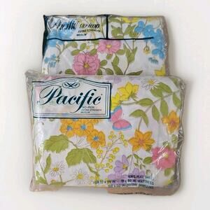 VTG Pacific KING Size Butterfly Floral Sheet Set 60s 70s Madrigal Coquette Fairy